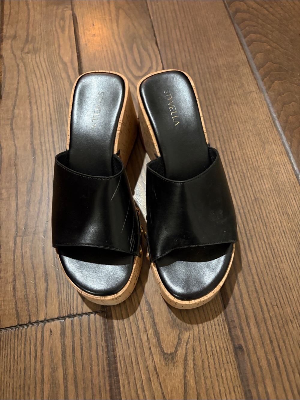 Black Leather Cork Platform Slide